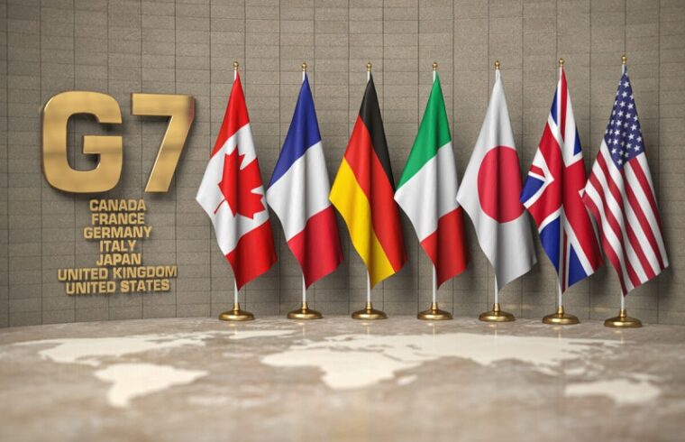 g7 summit or meeting concept. row from flags of members of g7 group of seven and list of countries